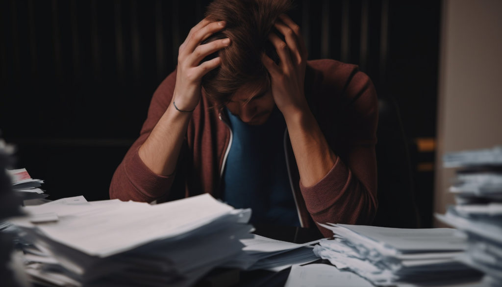 Overworked Businessman Sitting At Desk, Feeling Despair Generated By Ai - OFFICE CONT - Contabilidade Digital para você e sua empresa